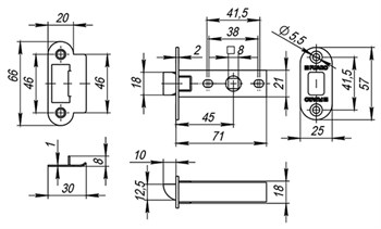 Защелка Fuaro (Фуаро) врезная PLASTIC P22-45-25 GP латунь - фото 84488