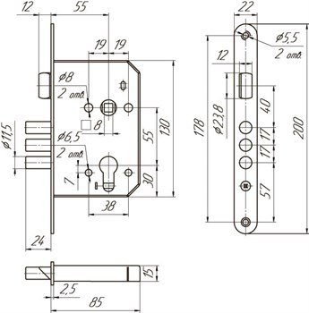 Корпус Mettem (Меттэм) врезного замка с защёлкой ЗВ4 402.0.0 - фото 86327