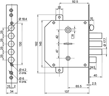 Замок Border (Бордер) врезной сувальдный с задвижкой и защёлкой ЗВ9-6 ПКТЗ с тягами (прав.), 5 кл. /77404/ - фото 86407