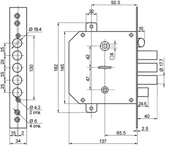 Замок Border (Бордер) врезной сувальдный с задвижкой и защёлкой ЗВ9-6 ЛКТЗ с тягами (лев.), 5 кл. /77405/ - фото 86409