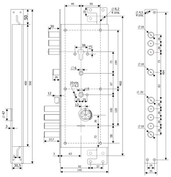 Замок Guardian (Гардиан) врезной двухсистемный ЗВ 25.14 Т (лев) с тягами (без накл), 5+1 кл (длин. кл. 54 мм) /123:453/ - фото 86601