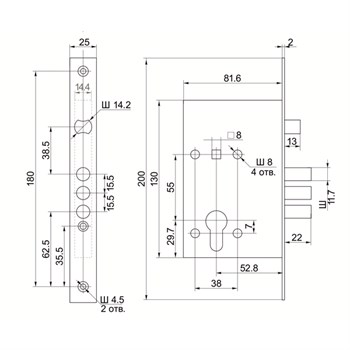 Корпус Border (Бордер) врезного замка с защёлкой ЗВ4-3/55 с ригелем 12 мм /78931/ - фото 86622