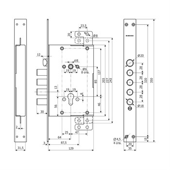 Корпус Guardian (Гардиан) врезного замка с защёлкой ЗВ 72.16 Т с тягами. /128:4140/ - фото 86709