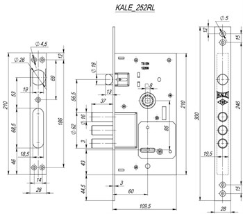 Замок Kale kilit (Кале килит) врезной сувальдный с защёлкой 252/RL (тех. комплектация), 4 кл. (кл. 60 мм) - фото 86762